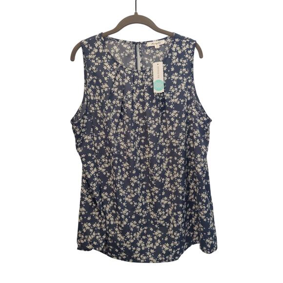 NWT Monday Fun Stitch Fix Sz 1X Blue Floral Aliza Pleated Neck Sleeveless Blouse - Picture 1 of 6